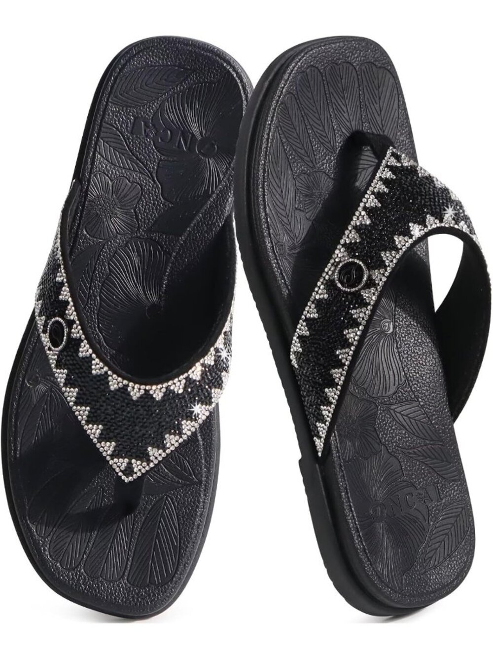 Women's Black Flat Bedazzled with Sparkling Rhinestone Studded Sandals Casual